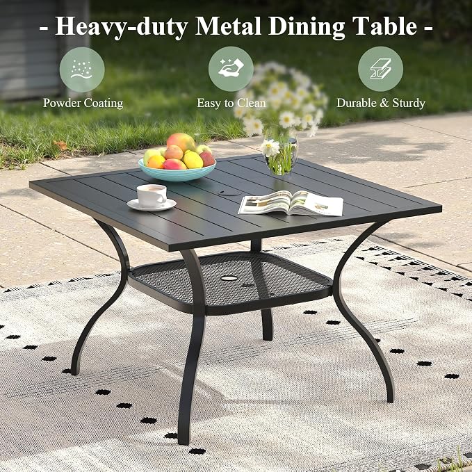 5 Pieces Patio Dining Set, Outdoor Furniture of 37.8" Square Patio Table and Patio Swivel Chairs for Backyard Lawn Garden, Black Table and Dark Blue Chairs