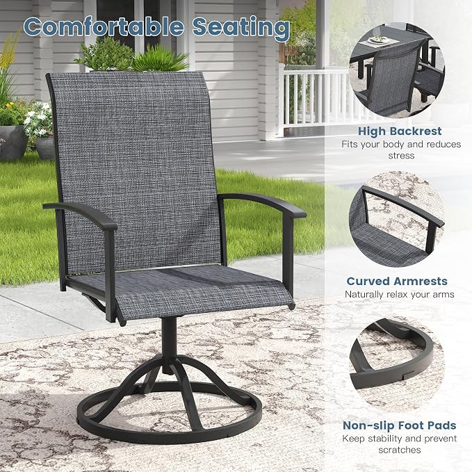 DIFY 7 Pieces Outdoor Dining Set, Metal Patio Table and Chairs Set for 6 with Umbrella Hole, 53.1" Black Round Table and Dark Grey Textilene Swivel Patio Chairs for Garden, Backyard, Poolside