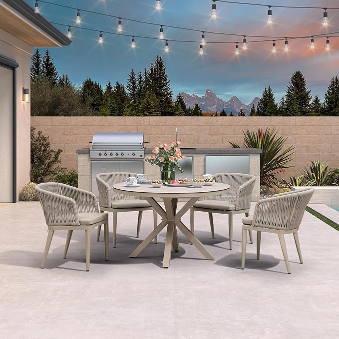 PURPLE LEAF 5 Pieces Oversized Round Patio Dining Set Aluminum Frame and Wicker Rattan Arm Chairs with Cushions for Garden Porch Kitchen Modern Outdoor Champagne
