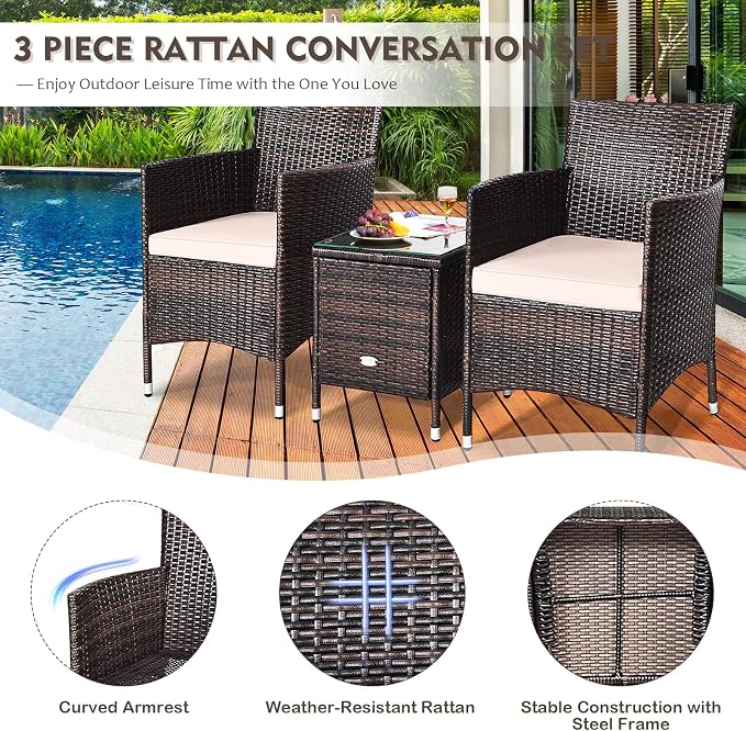 DORTALA Wicker Patio Furniture Set 3 Piece, Small Outdoor Table & Chairs Set with Cushions, All-Weather Rattan Conversation Bistro Set for Balcony, Porch, Backyard, Deck, Beige