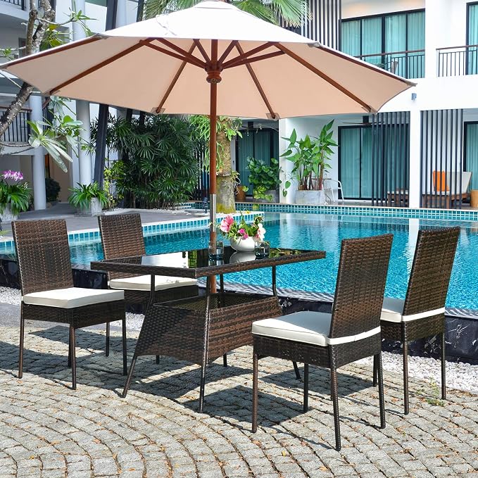 RELAX4LIFE 5-Piece Rattan Dining Set - Outdoor Wicker Table & Chair Set w/Tempered Glass Tabletop, Removable Cushions, Modern Dining Furniture Set for Backyard, Porch