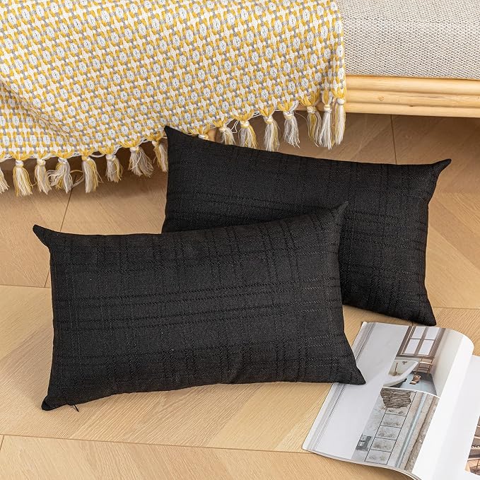 Kevin Textile Outdoor Waterproof 14”x24” Lumbar Pillow Covers 2 Pack, Black | Water Resistant, Soft Faux Linen-cotton Yarn-dyed Woven Texture Throw Pillow Covers for Tent Patio Garden Couch Sofa