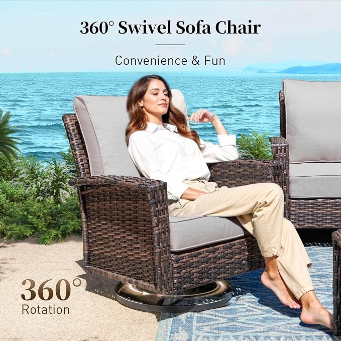 SUNSHINE VALLEY Patio Furniture Set with Swivel Chairs, High Back Wicker Rattan Furniture with 5.5" Thick Cushions and Coffee Table, Outdoor Conversation Set for Backyard Deck,7 Seats, Grey
