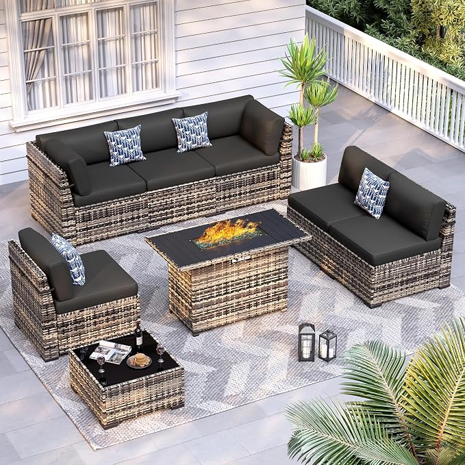 8-Piece Patio Furniture Set with 44” Fire Pit Table - All-Weather Wicker Conversation Sectional Sofa & Coffee Table with Thickened Cushions for Backyard, Garden(Black)
