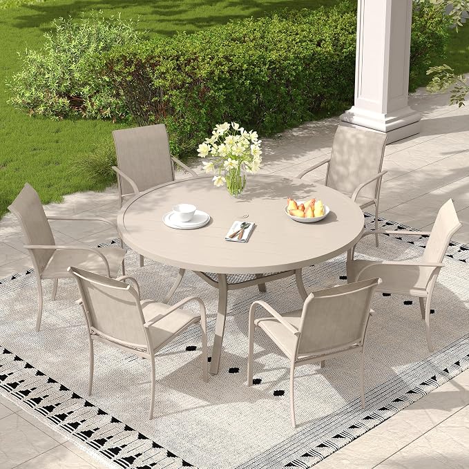 7 Pieces Outdoor Dining Set, Stackable Textilene Paito Chairs & 47.2" Round Dining Table with Umbrella Hole and Shelf, Patio Dining Set for Backyard, Deck, Garden, Sandshell