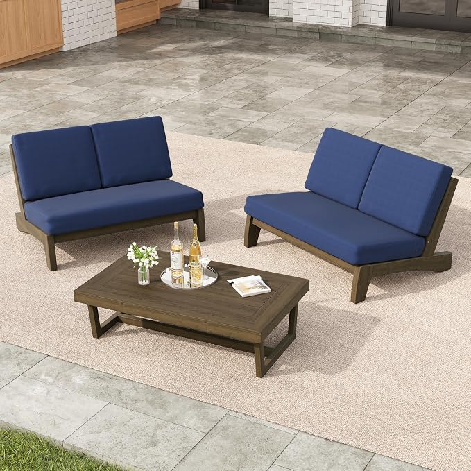 3 Pieces Patio Furniture Sets, All-Weather Outdoor Wood Bistro Set Patio Conversation Coffee Table Chiars and Patio Loveseat for Balcony, Backyard