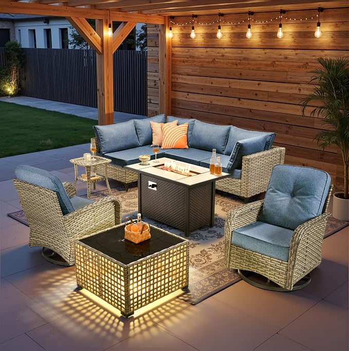 9 Pieces Patio Sectional Furniture Set, Outdoor Wicker Sectional Couch with Firepit Swivel Rocker Chairs Solar Lights Table, Modern Conversation Set for Porch Balcony Backyard, Denim Blue