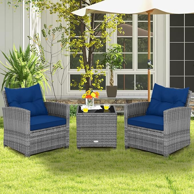 ORALNER 3 Pieces Patio Furniture Set, Outdoor Wicker Conversation Set, Rattan Chairs with Soft Cushions, Glass Coffee Table, Patio Bistro Set for Balcony Garden Deck Front Porch Poolside (Navy Blue)
