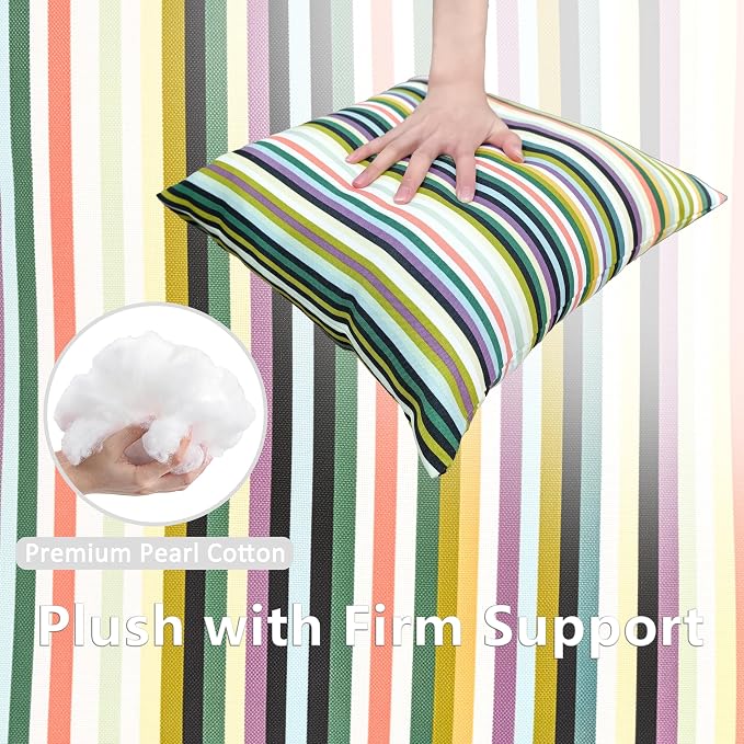 Outdoor Throw Pillows Set of 4,18×18,Waterproof for Coastal Patio | UV protected porch pillows fit balcony,outdoor dining area,lounge nook &indoor sofa for casual styling,Glade Rainbow Stripe.