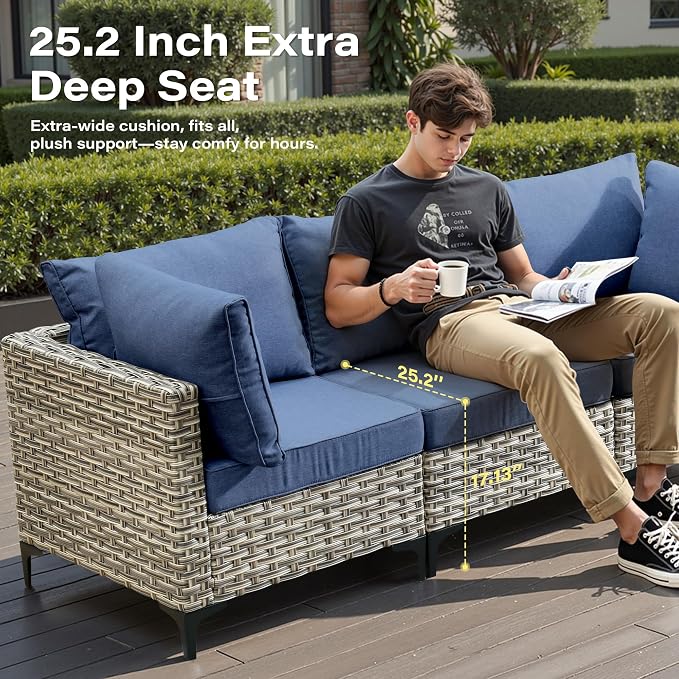 5 Pieces Patio Furniture Set with Solar Light Coffee Table, All-Weather Wicker Outdoor Sectional Conversation Sets L Shaped Sofas for Outside Porch Balcony Backyard Denim Blue