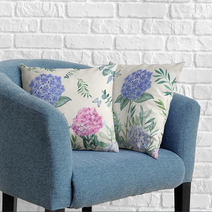 Spring Summer Flower Decorative Pillow Covers Pink and Blue Hydrangea Pillow Case 16x16 Floral Butterfly Cotton Linen Square Cushion Case for Sofa Patio Car 2 Pack
