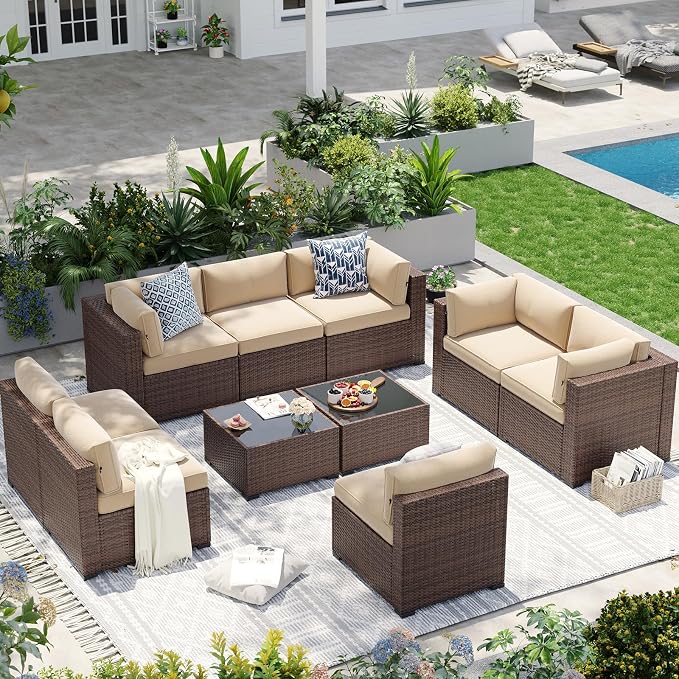 Aoxun Patio Furniture Sets, 10-Piece Outdoor Patio Furniture with Thick Cushions, Wicker Outdoor Conversation Set Sectional Sofa for Backyard, Poolside, Garden