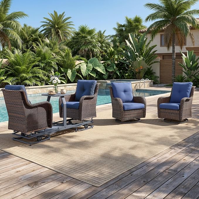 Rilyson Luxury Outdoor Wicker Glider Rocker Chairs for 4 Person, Outdoor Furniture Sets with 2 Piece Wicker Swivel Rocker Chairs, Rattan Glider Rocker Chairs with Table for 2 Seats Brown/Blue