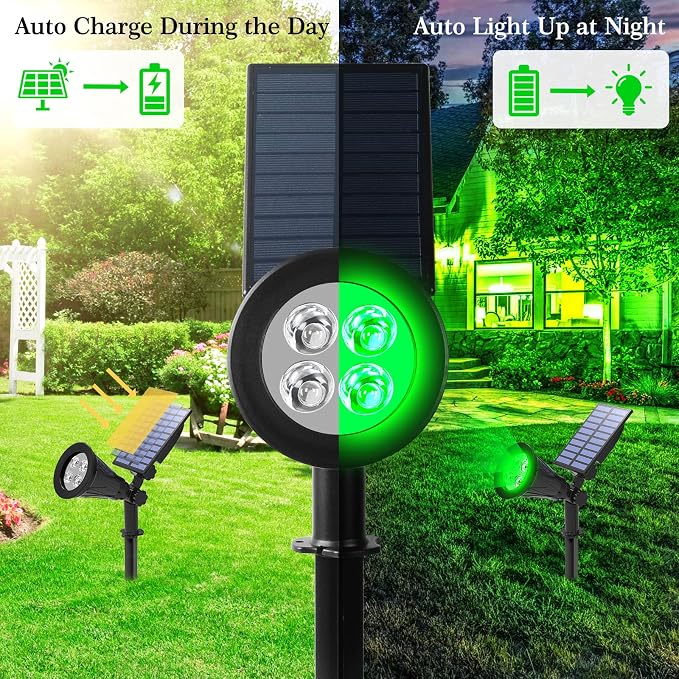 T-SUN Green Solar Spotlights, IP65 Waterproof Outdoor 4 LED Solar Garden Lights, Auto ON/Off Adjustable Wall Lights, 180°Angle Adjustable for Tree,Patio,Yard,Driveway,Stairs,Pool Area (Green-4 Pack)