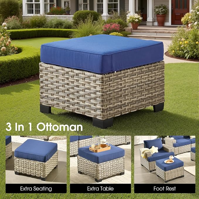 Outdoor Sectional Patio Furniture Set,9 Pieces All Weather Rattan Wicker Conversation Sets,Out Door Furniture with Ottoman Single Chair,Navy Blue
