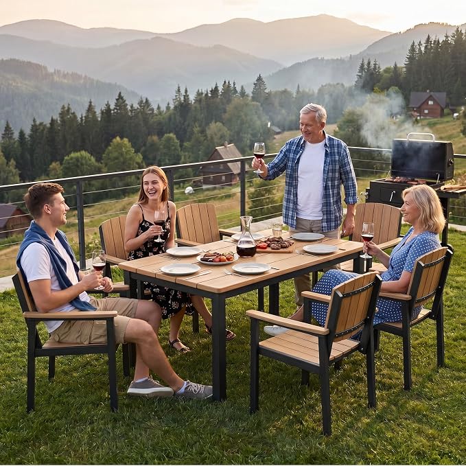 Outdoor Dining Sets Patio Table and Chairs Set 7-Piece, Aluminum Frame HDPS Faux Wood, All Weather Patio Dining Set with Umbrella Hole for Garden Backyard Poolside Nature Wood