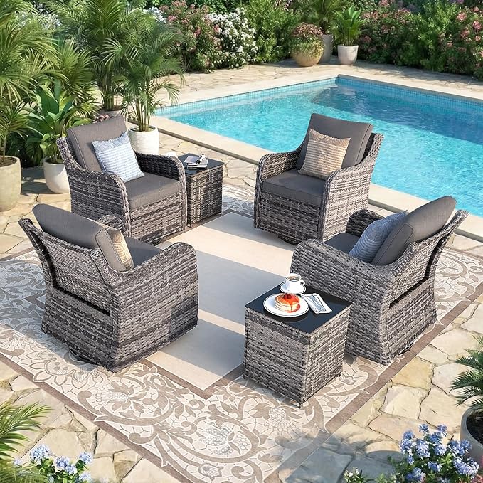 MEISSALIVVE Outdoor Patio Furniture Set with Swivel Chair, 6 Pieces Patio Conversation Set, Patio Sectional Furniture Set with 4 Swivel Rocker Patio Chair and 2 Side Table (Grey)