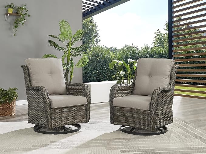 Rilyson Wicker Rocking Chair Swivel Chairs - 3 Piece Rocker Patio Furniture Set Rattan Rocking Bistro Sets with Glass Top Side Table for Outdoor Porch Deck Garden Backyard (Mixed Grey/Grey)