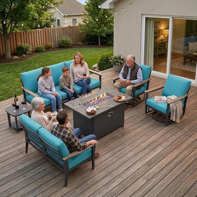 Aluminum Outdoor Patio Furniture Set with Swivel Rocking Chairs 7-Seat, Patio Sectional Sofa Patio Conversation Set with 55,000 BTU Fire Pit Table High Backrest & Thickened Cushions, Turquoise