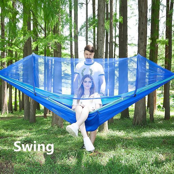 LFL Camping Hammock with Mosquito Net, Hammocks with Net 13ft Tree Straps Carabiners, Automatic Quick Open Outdoor Portable Hammock, Nylon Parachute Material Outside Hammock with Bug net, Blue
