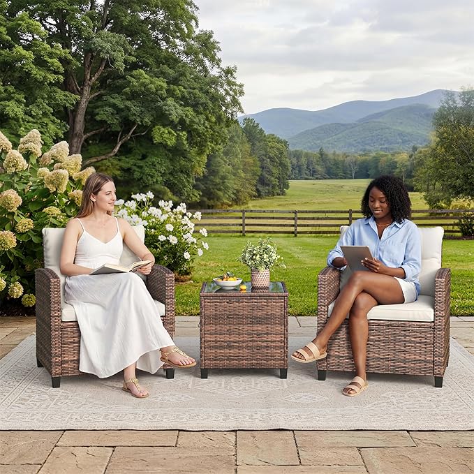 IDEALHOUSE 3-Piece Outdoor Patio Furniture Set, PE Rattan Wicker Conversation Chairs with Tempered Glass Side Table and Removable Cushions, Balcony, Porch & Garden Seating Set, Brown+Beige Cushion