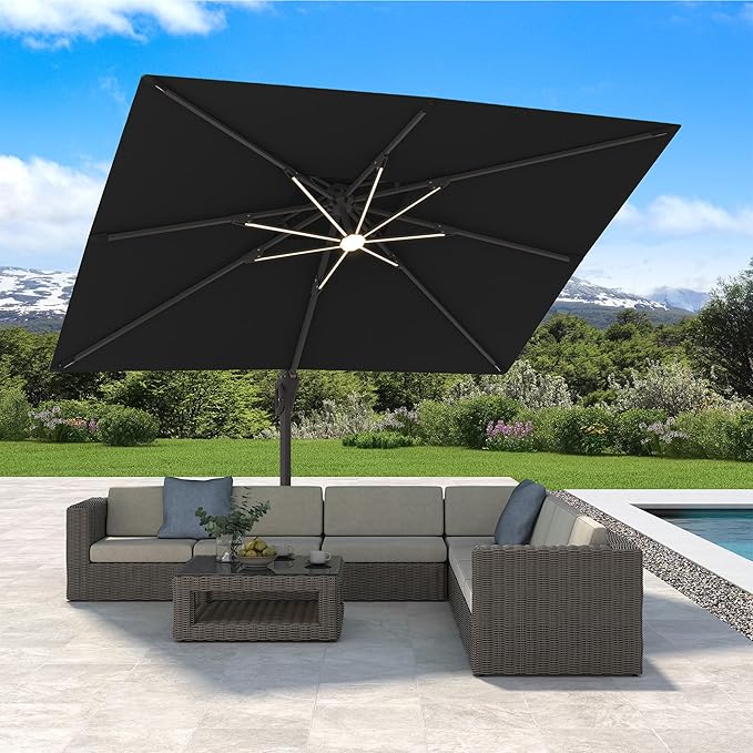 10' X 13' Cantilever Patio Umbrella with Led Lights Double Top Rectangular Outdoor Large Offset Umbrellas with 7 Tilts Adjustable 360°Rotation for Deck Pool Garden Backyard, Black