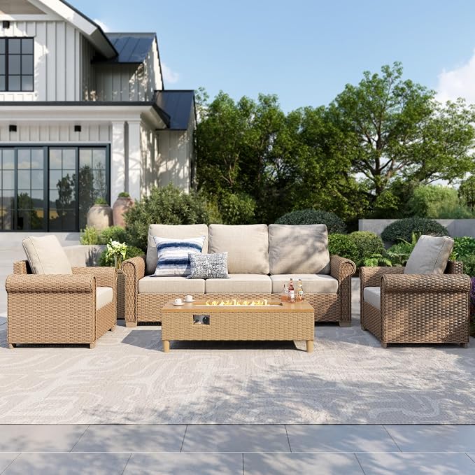 MIXPATIO Patio Furniture Set, 4 Piece Wicker Outdoor Furniture Set with Fire Pit Table & Thick Waterproof Cushions, 5 Seats Patio Conversation Set for Backyard Deck, Beige