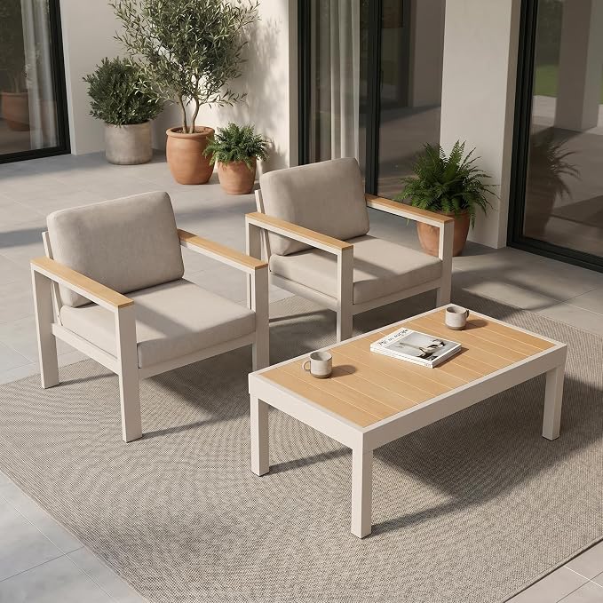 Outdoor Patio Furniture Set, 3-Piece Aluminum Conversation Set with 2 Chairs and Coffee Table, 5-Inch Water-Resistant Cushions, Powder-Coated Frame for Porch, Deck, Backyard, Beige