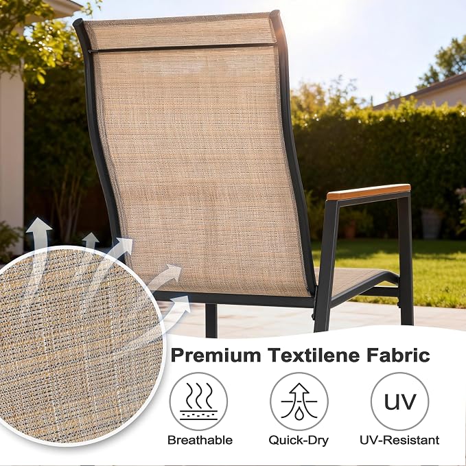NUU GARDEN 5 Piece Outdoor Patio Dining Set for 4, Slatted Table with Umbrella Hole and 4 Stackable Textilene Chairs with Faux Wood Armrests, Black and Khaki