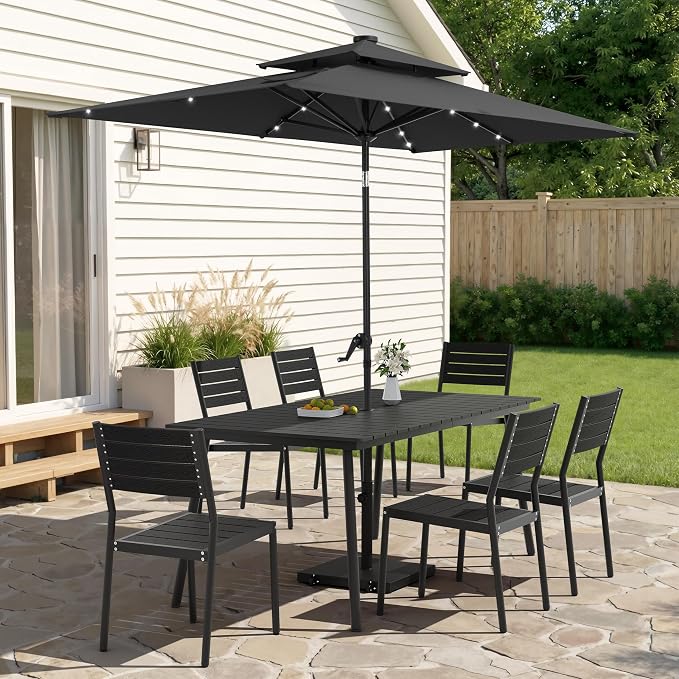 7-Piece Outdoor Dining Set for 6 Person with Black Wood-Grain Top | Armless Stackable Chairs with 19.4" Seat Depth, Aluminum Frame Dining Furniture with Umbrella Hole for Deck, Porch & Backyard
