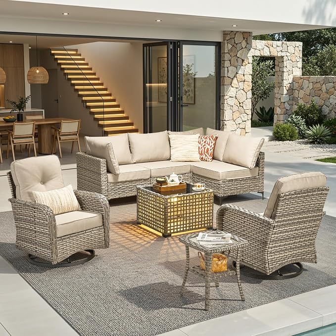 8 Pieces Outdoor Sectional Patio Furniture Set with Swivel Rocking Chairs,Conversation Sets Rattan Wicker L Shaped Couch,Modular Outdoor Sofa for Porch Balcony Backyard Beige