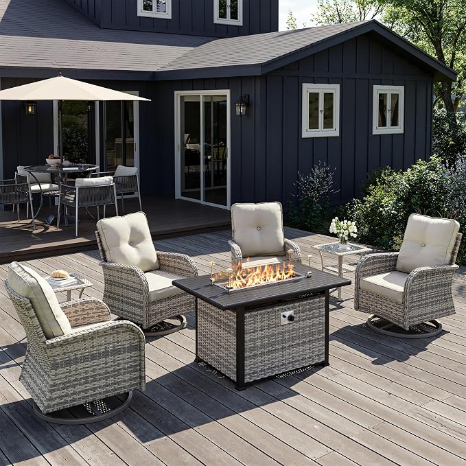 7Pcs Patio Rocking Swivel Chair with 55,000 BTU Fire Pit Table Outdoor Wicker Rattan Bistro Set with Tempered Glass Side Table, Outdoor Patio Furniture Set for Garden and Balcony, White