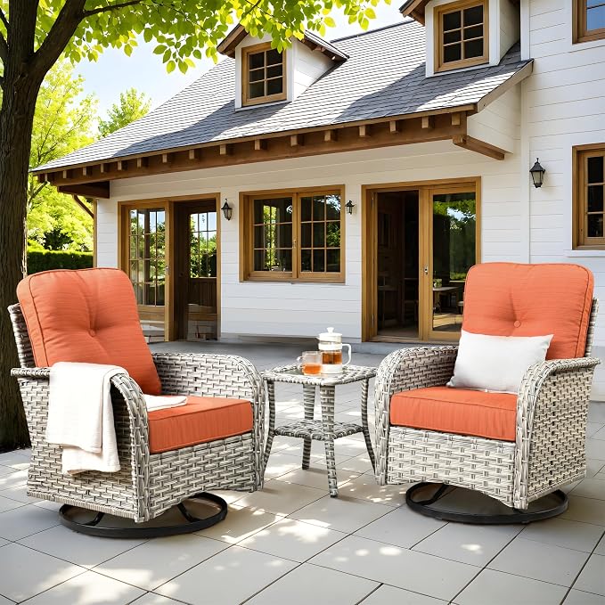 Outdoor Swivel Rocker Patio Chairs,Wicker Glider Swivel Rocking Chair Set of 2,Patio Rocking Swivel Chair Set with Rattan Side Table for Porch Deck Balcony Garden,Orange Red