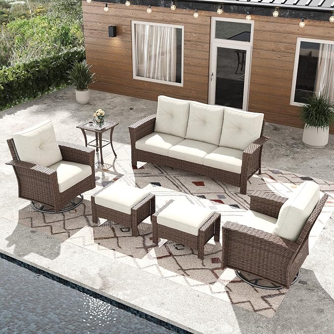 6 Pieces Outdoor Patio Furniture Set, Wicker Patio Sectional Set Conversation Wicker Swivel Chairs with Small Side Table