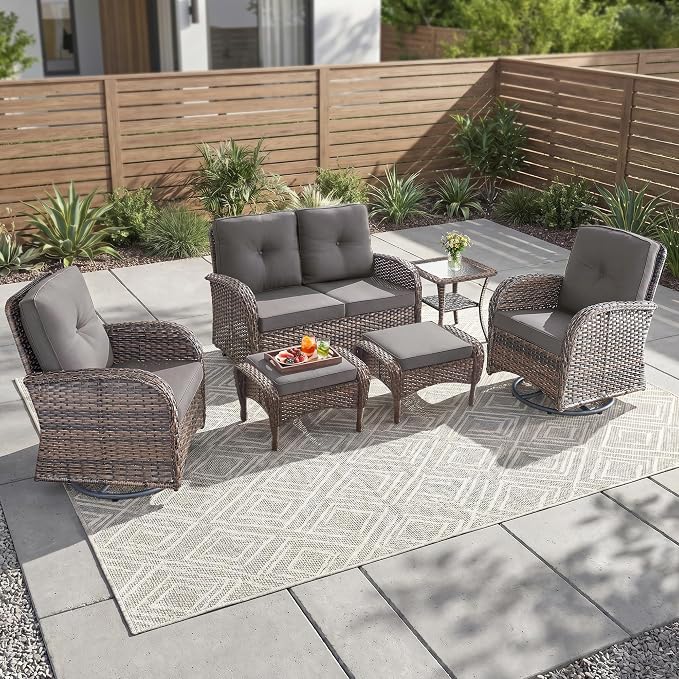 Outdoor Swivel Glider Rocker Chairs Set- 6 Piece Patio Furniture Set with A Glider Loveseat, Tempered Glass Side Table and 2 Ottoman, for Balcony, Porch - Brown Wicker, Grey Cushion