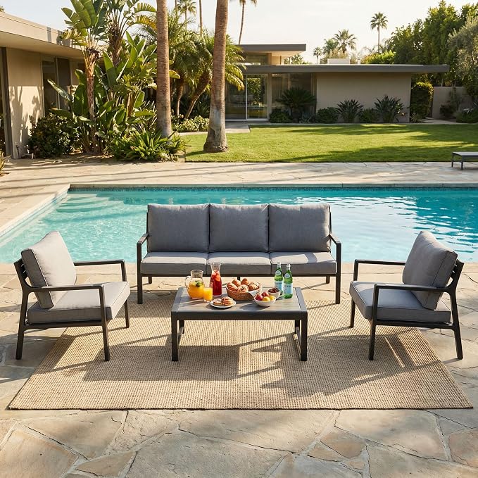 COSIEST Iron-Aluminum Patio Furniture Set, 3-Seat Metal Patio Sofa w Wood-Grain Coffee Table, Weather-Resistant Outdoor Sectional Sofa for Balcony, Porch,Deck