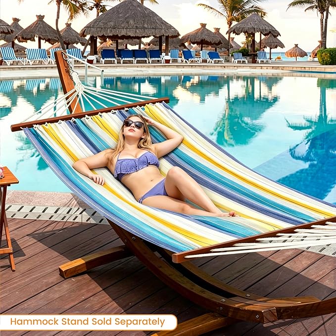 Lazy Daze Hammocks Cotton Fabric Double Hammock with 55" Spreader Bar, Portable Camping Hammock with Carrying Bag & Tree Straps for Patio, Backyard, Balcony, 450lbs Capacity, Blue & Yellow