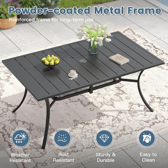 DIFY 7 Piece Outdoor Dining Set for 6, 59.2" Black Rectangle Metal Dining Table with Umbrella Hole and Stackable Wicker Patio Chairs, All-Weather Patio Table and Chairs Set for Deck Garden Backyard