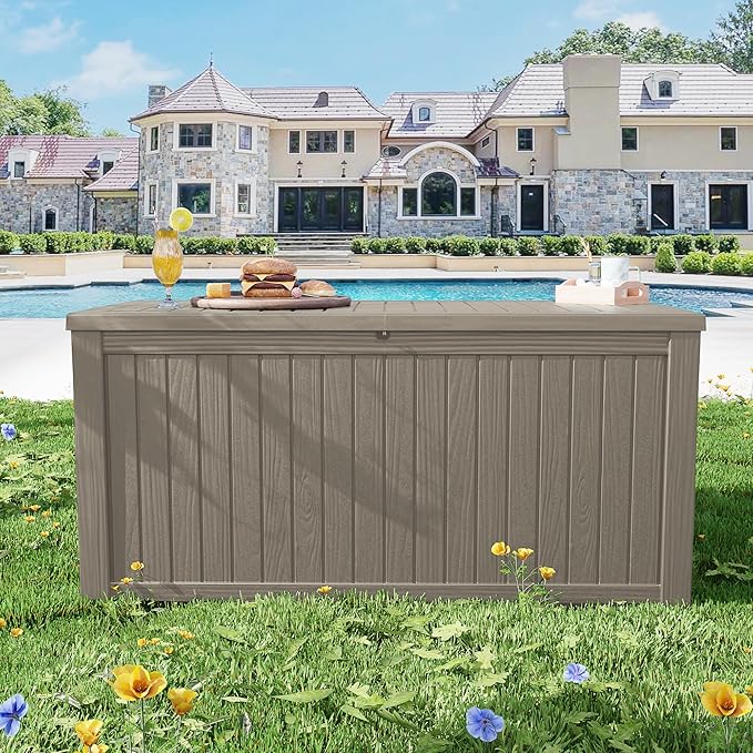 200 Gallon Outdoor Storage Box Waterproof Lockable Resin Deck Box Large, Grey