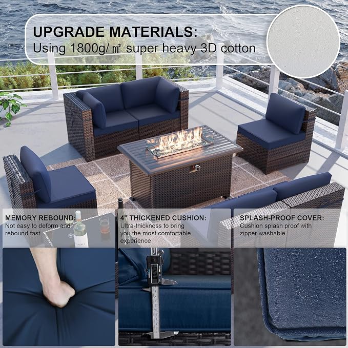 Kullavik 8 Pieces Outdoor Patio Furniture Set,Sectional Sofa Set with 43" 55000 BTU Gas Propane Fire Pit Table,Brown PE Rattan Wicker Patio Conversation Set,Navy Blue