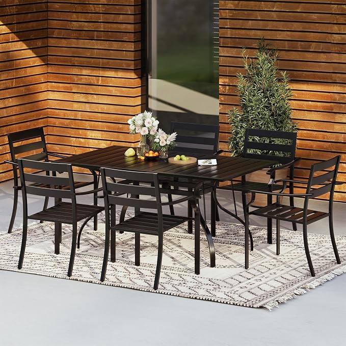 HOMREST 7 Piece Outdoor Patio Dining Set for 6, 63" Rectangular Metal Table with Umbrella Hole and Storage Shelf, Stackable Steel Chairs, Large Patio Furniture Set for Deck/Backyard/Poolside/Garden