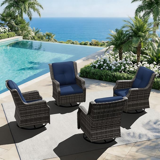 Outdoor Patio Furniture Set, 4 Piece Wicker Patio Furniture with Thick Cushions, Curved Armrest, Deep Seating, Outdoor Swivel Rocker Chairs for Porch, Deck, Balcony