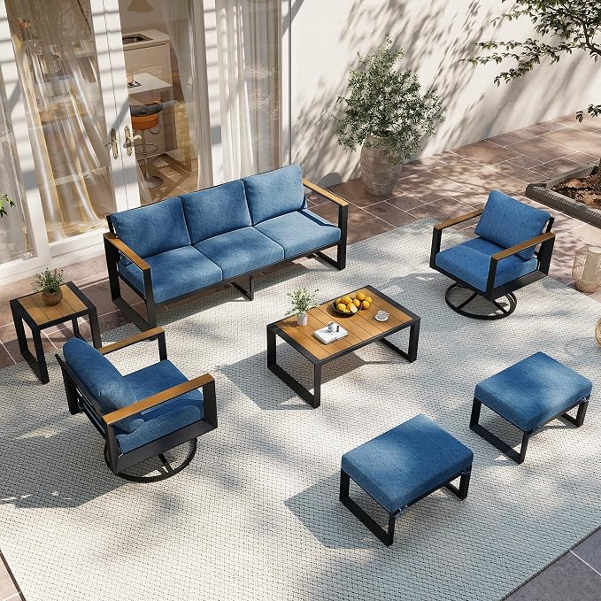 Aluminum Patio Furniture Set with Swivel Chairs, 7-Piece Modern Patio Conversation Sets with Water-Resistant Cushions, Blue