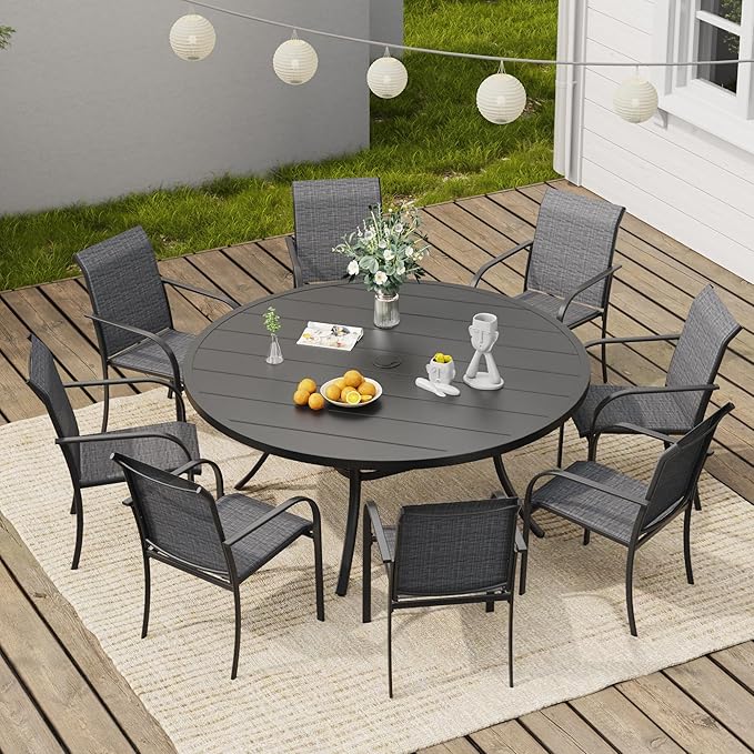 VICLLAX Round Outdoor Dining Set, Patio Table and Chairs Set Set of 8 Patio Stackable Chairs and 53" Outdoor Round Table with Umbrella Hole for Backyard Lawn Garden, Brown Chairs and Black Table