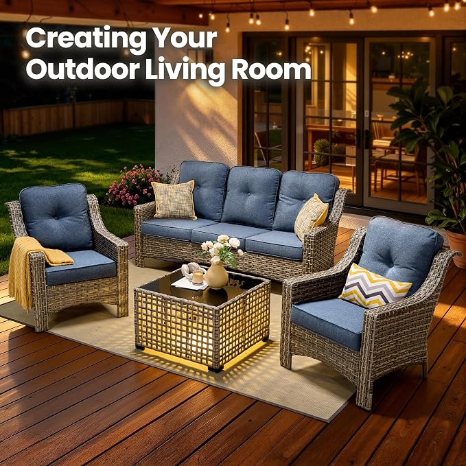 4 Piece Patio Furniture Set with Solar Light Coffee Table, Heavy Duty Wicker High Back Sofa Chairs with Thick Cushion, Small Outdoor Conversation Sets for Backyard Garden Porch, Denim Blue