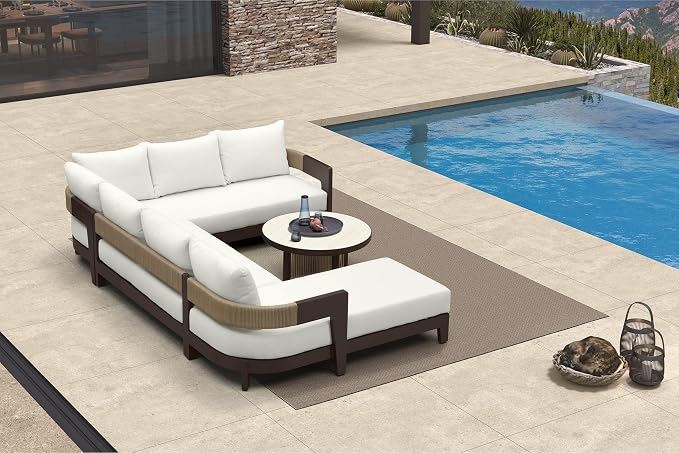 PURPLE LEAF Patio Furniture Set with Right-Arm Daybed and Table 7 Pieces Modern Aluminum Sectional Sofa Outdoor Conversation Sets 7.87" Thick Removable Cushions & Pillows for Porch Yard Garden