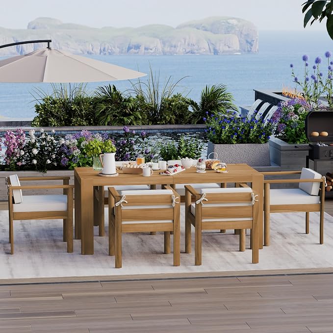 7-Piece Patio Dining Table Set for 6, Outdoor Furniture Sets with 72.8" Rectangle Table and Removable Cushions,for Backyard Garden Poolside (Light Teak+Beige#m)