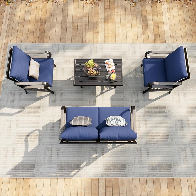 4 Pieces Patio Furniture Set, Metal Outdoor Conversation Sets with Coffee Table, Modern Couch Sofa Set Includes Single Chairs and Loveseat Seating Group (Thick Blue Cushions)