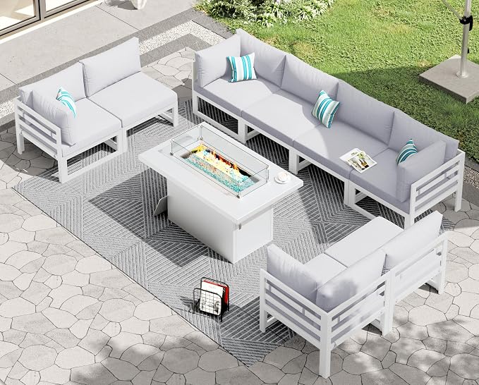 RADIATA 9 Piece Luxury Aluminum Outdoor Sectional Sofa with Rectangular Fire Pit Table, Oversized L Shaped Patio Furniture Set, 29" Deep Wide Seat, 500 lbs Heavy Duty Conversation Set for Yard, White