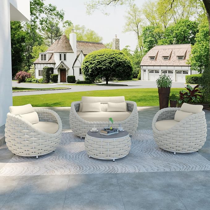 TWT 5-Piece Aluminum Patio Furniture Set, Olefin Rope Modern Outdoor Conversation Set Sectional Sofa with Water Repellent Thick Cushions and Coffee Table for Balcony, Garden, Beige